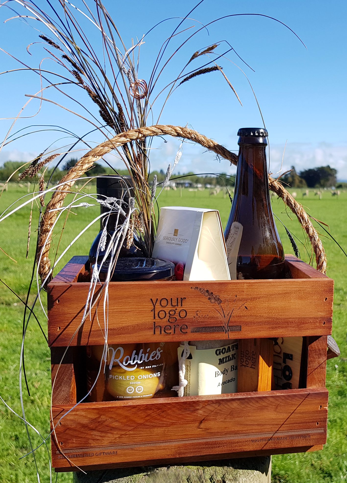 Corporate Christmas gift items, recycled rimu gift crate